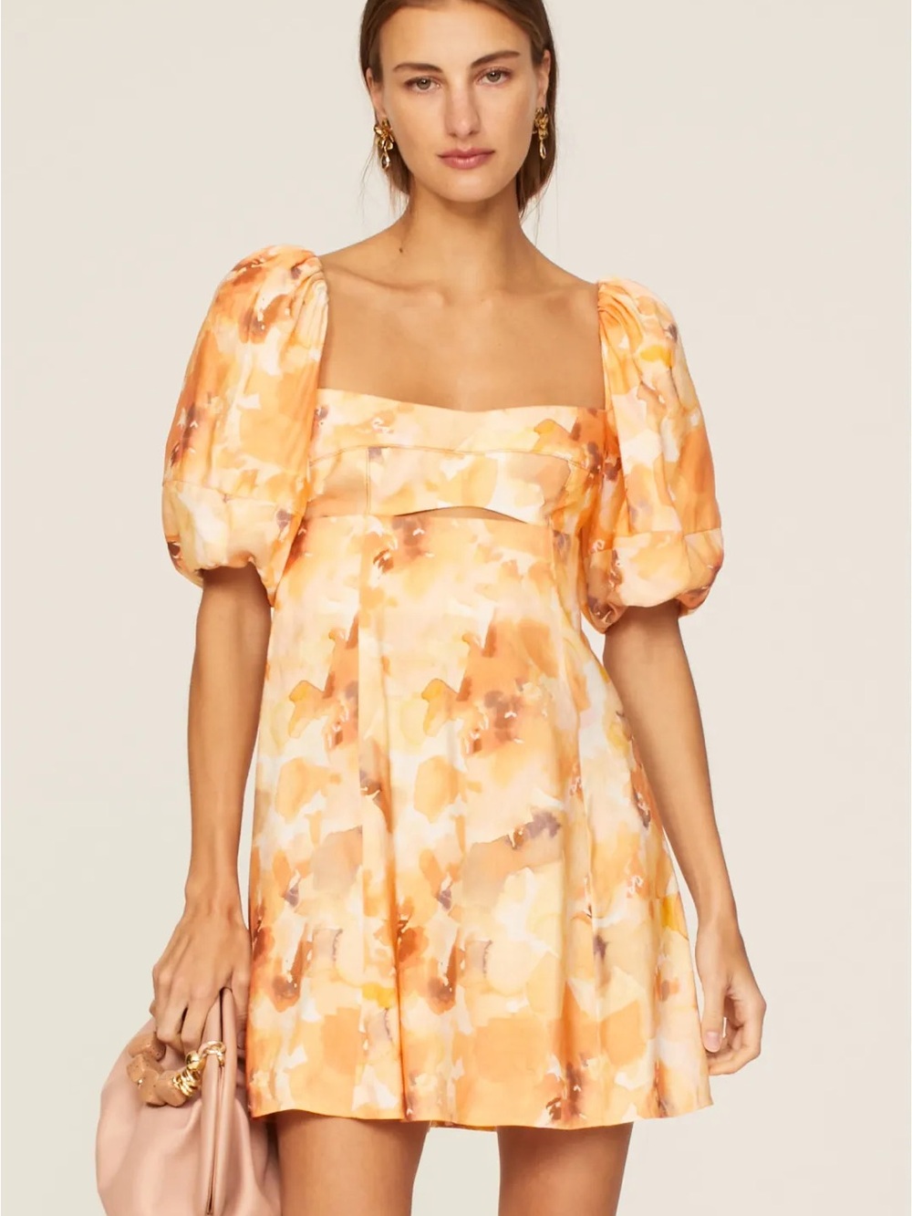 Significant Other Lois Watercolor Puff-Sleeve Mini Dress in Orange
